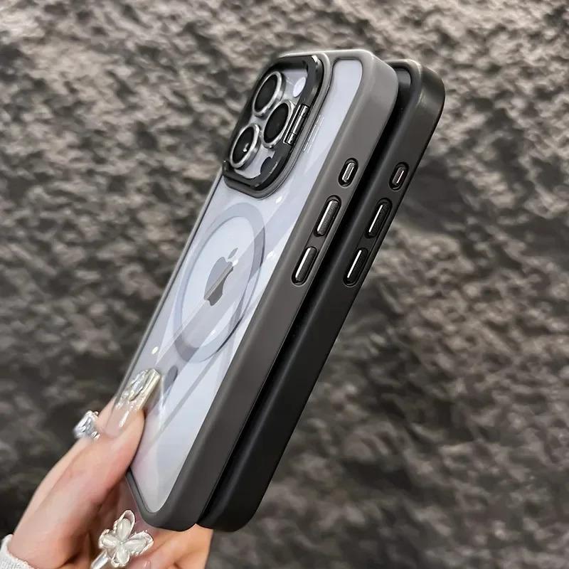 Luxury Magnetic Shockproof Phone Case For iPhone 16 17 15 14 13 12 Pro Max Funda With Magsafe Stand & Glass Lens Protector Cover