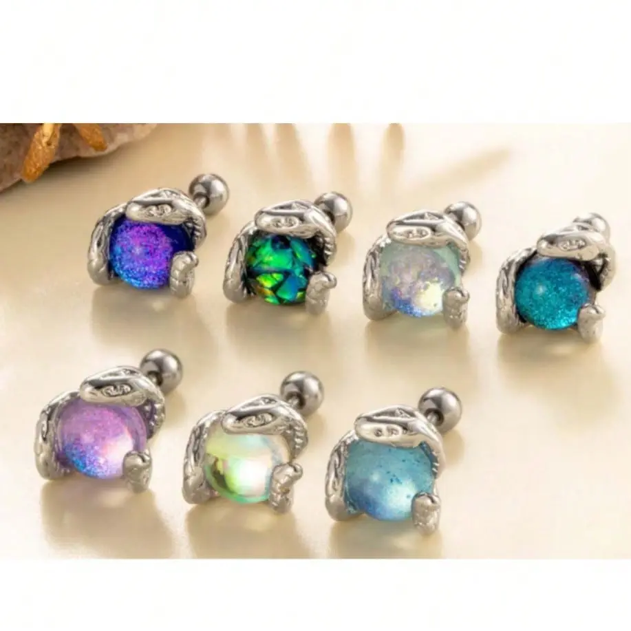 Women Valentine's Day Snake Shaped Moonstone Cartilage Earrings Titanium Steel Screw Rods Ear Bone Studs Earrings