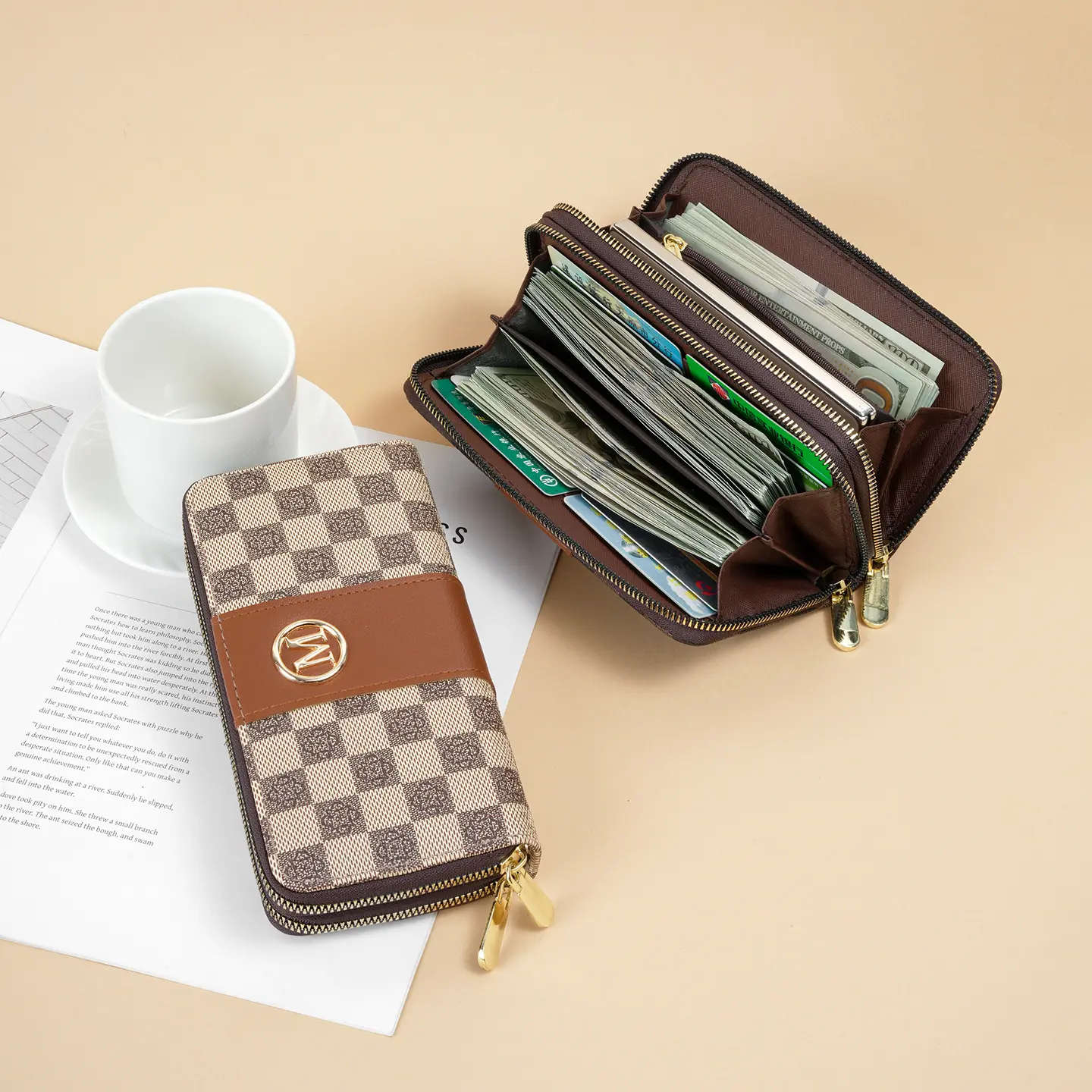 Women's PU Leather Retro Long-Shape Wallet - New Double-Zipper Clutch with Letter Print, Patchwork Design, Multiple Card Slots, Phone Holder, Wristlet, Gift Ideas for Wife