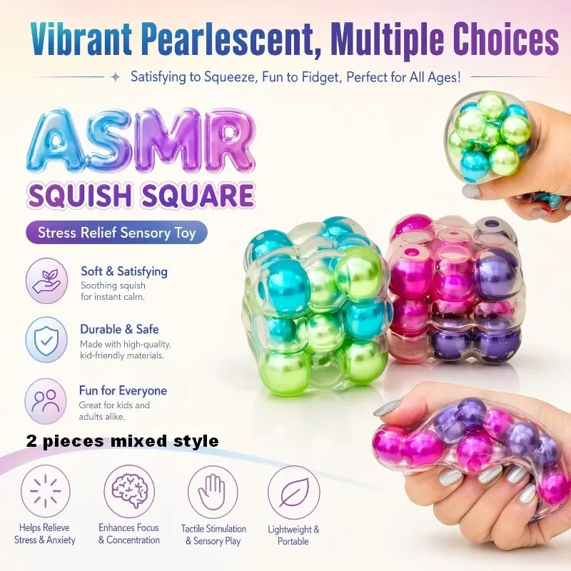 2pc Stress Relief Toy, Shiny Pearl Beads in Soft Cube, Asmr Trigger, Anxiety Relief, Kids & Adults, Party Gift, Multicolor Set
