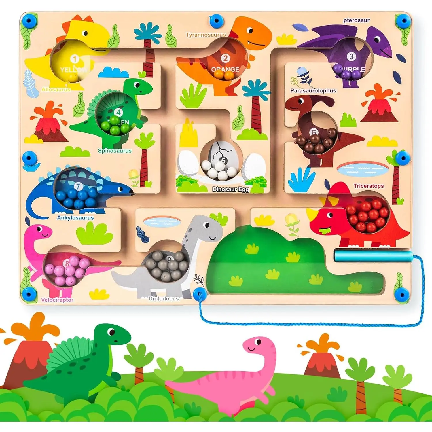 Magnetic Color and Number Maze, Montessori Counting Matching Learning Puzzle Board, Dinosaur Wooden Magnet Maze Game, Toddler Fine Motor Skills Travel Toys for Boys Girls 3 4 5 Years Oldfidget toys