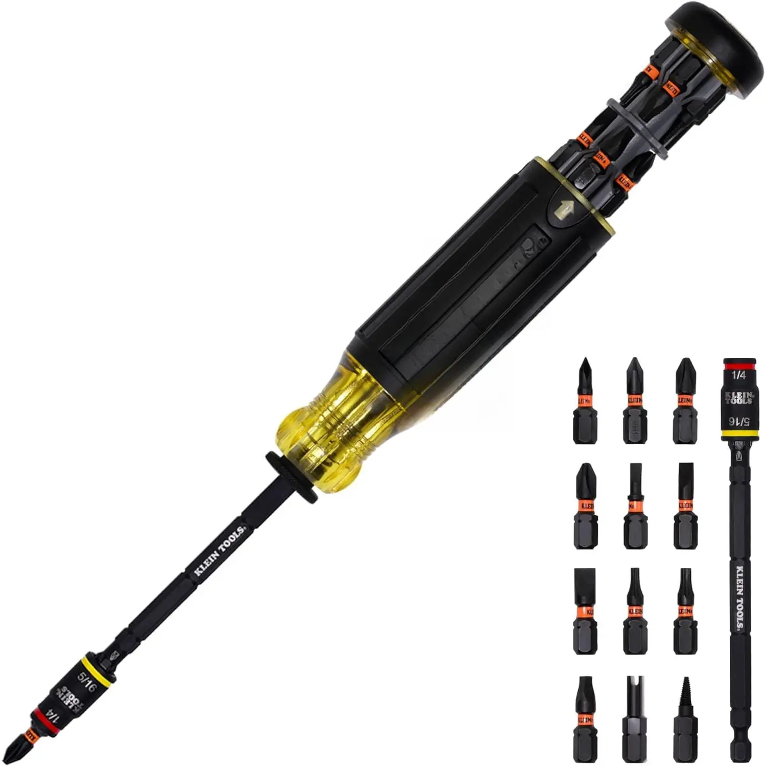 Tool 32304 Screwdriver, 14-in-1 Adjustable Screwdriver, with Flip Socket, suitable for HVAC systems, includes nut driver bits and drill bits, impact-resistant