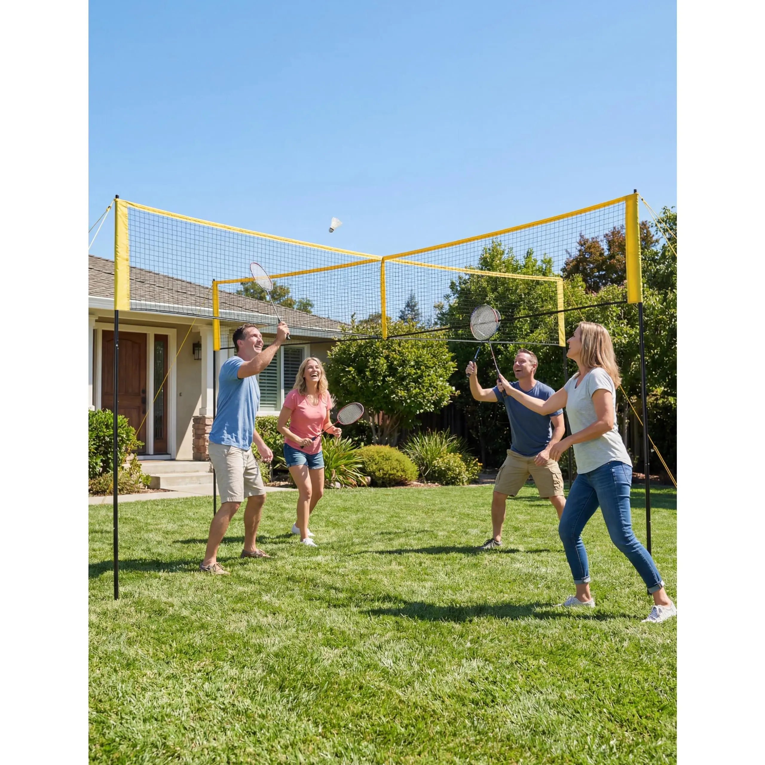 Complete 4-Square Volleyball & Badminton Set Only, 14ft adjustable portable net with iron frame, includes ball, pump, hammer, PE net and storage bag for outdoor family games