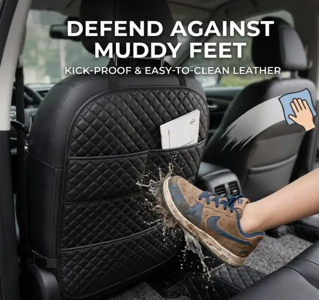 Waterproof Leather Car Seat Back Protector - Kick Mat with Storage Pockets, Muddy Feet Shield Backseat Organizer for Kids, SUVs, Trucks