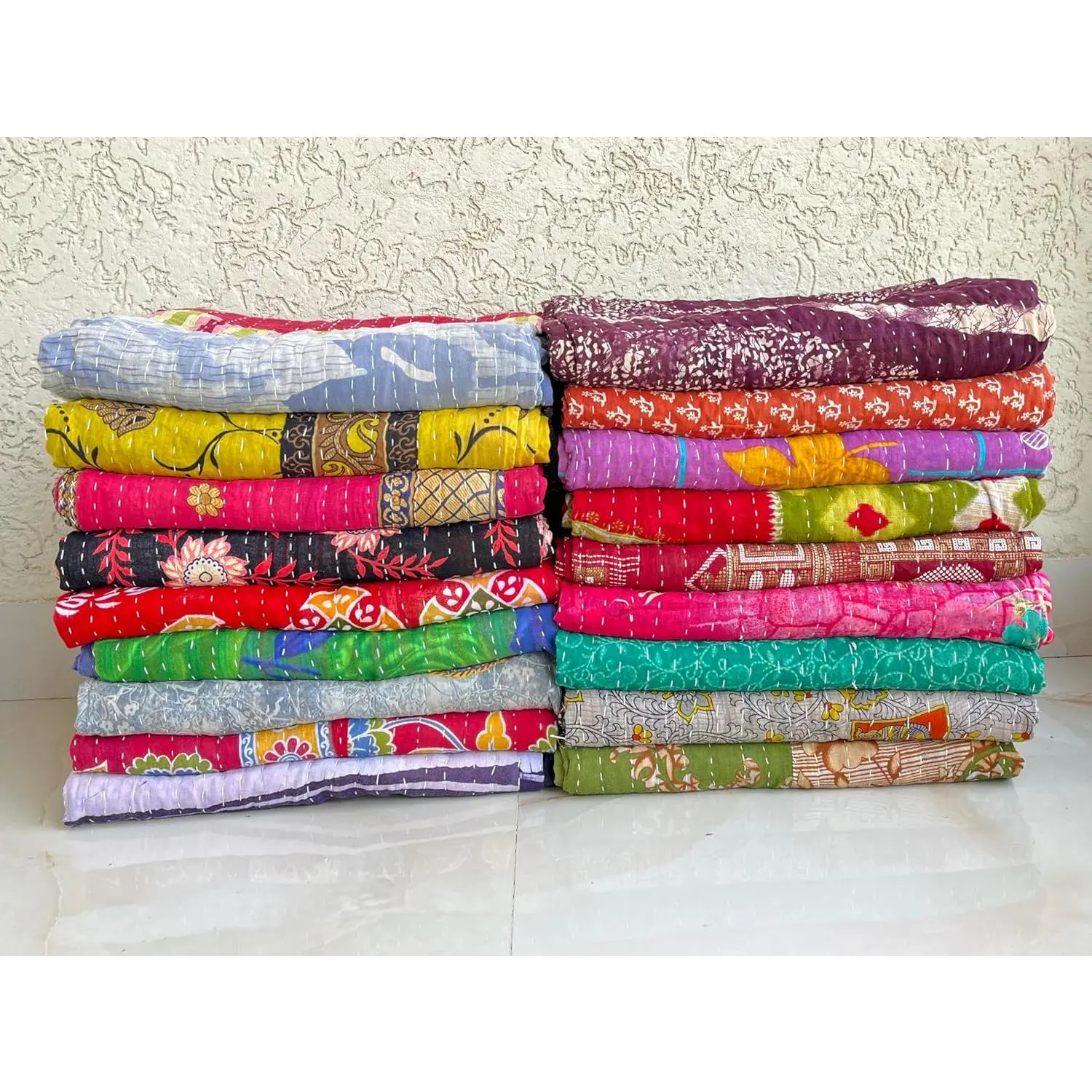 Handcrafted Handstitched Cotton Vintage Kantha Reversible Throw - Boho Bedding for Living Room Couch, Plant Accent Decor, Birthday Gift, Set of 1