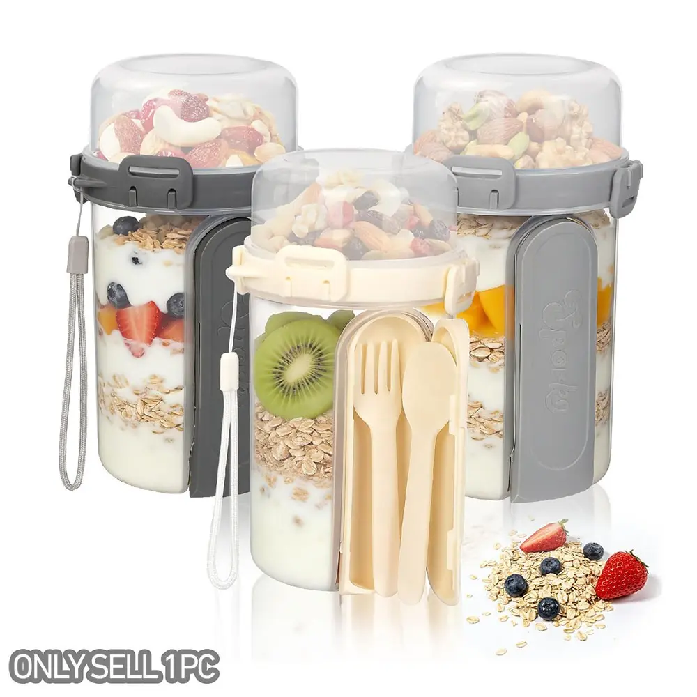 Double Layer Overnight Oat Cup with Fork Spoon, 810ML Leak-Proof Food Storage Bowl, Salad Lunch Container for Yogurt Fruit Nuts Snacks, Reusable Food Containers