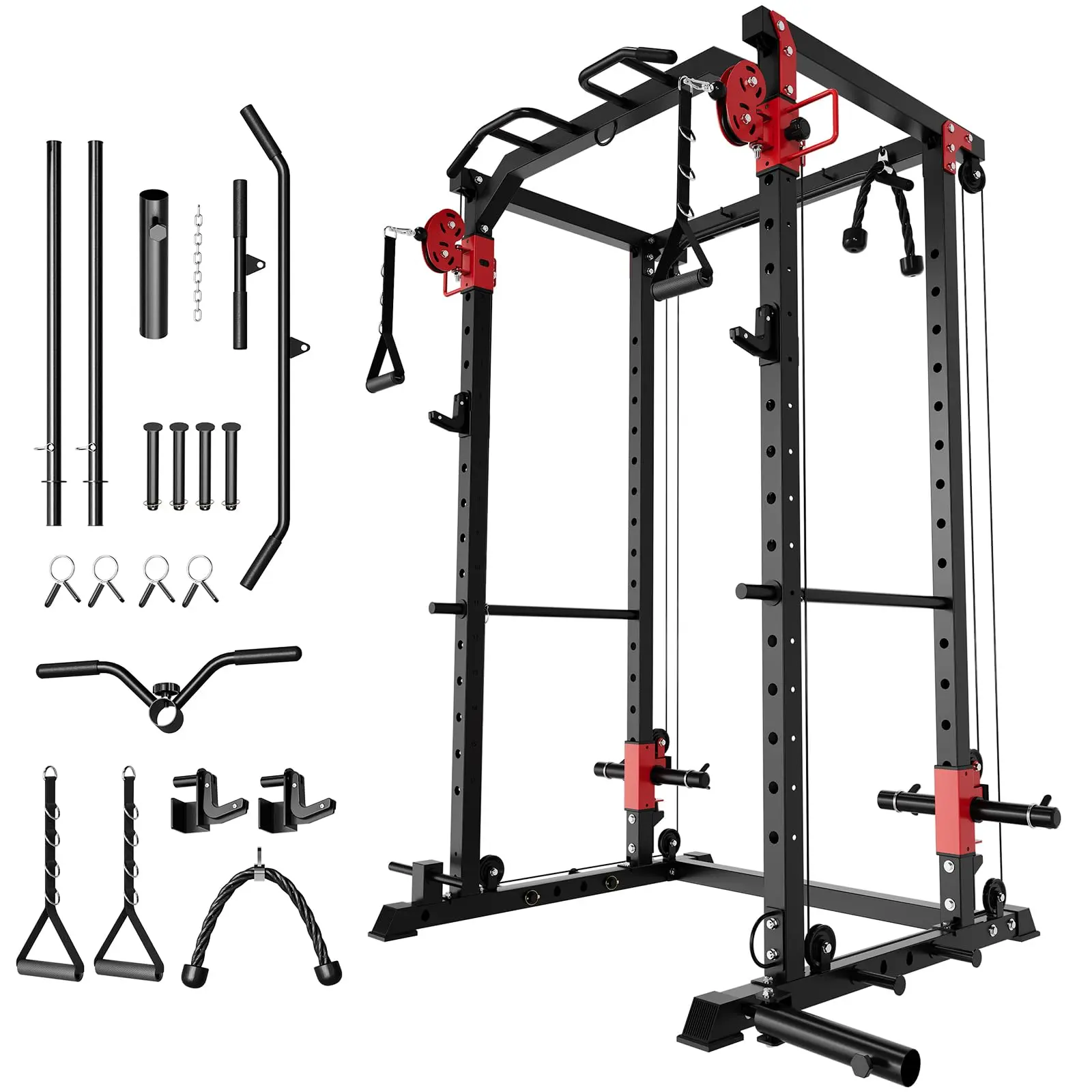 Power Cage, Multi-Functional Heavy Duty Power Racks with Dual Pulley Systems, 1200 LBS Weight Capacity Fitness Squat Rack for Strength Workout with More Training Attachment, for Home Gym, Red(2 Boxes)