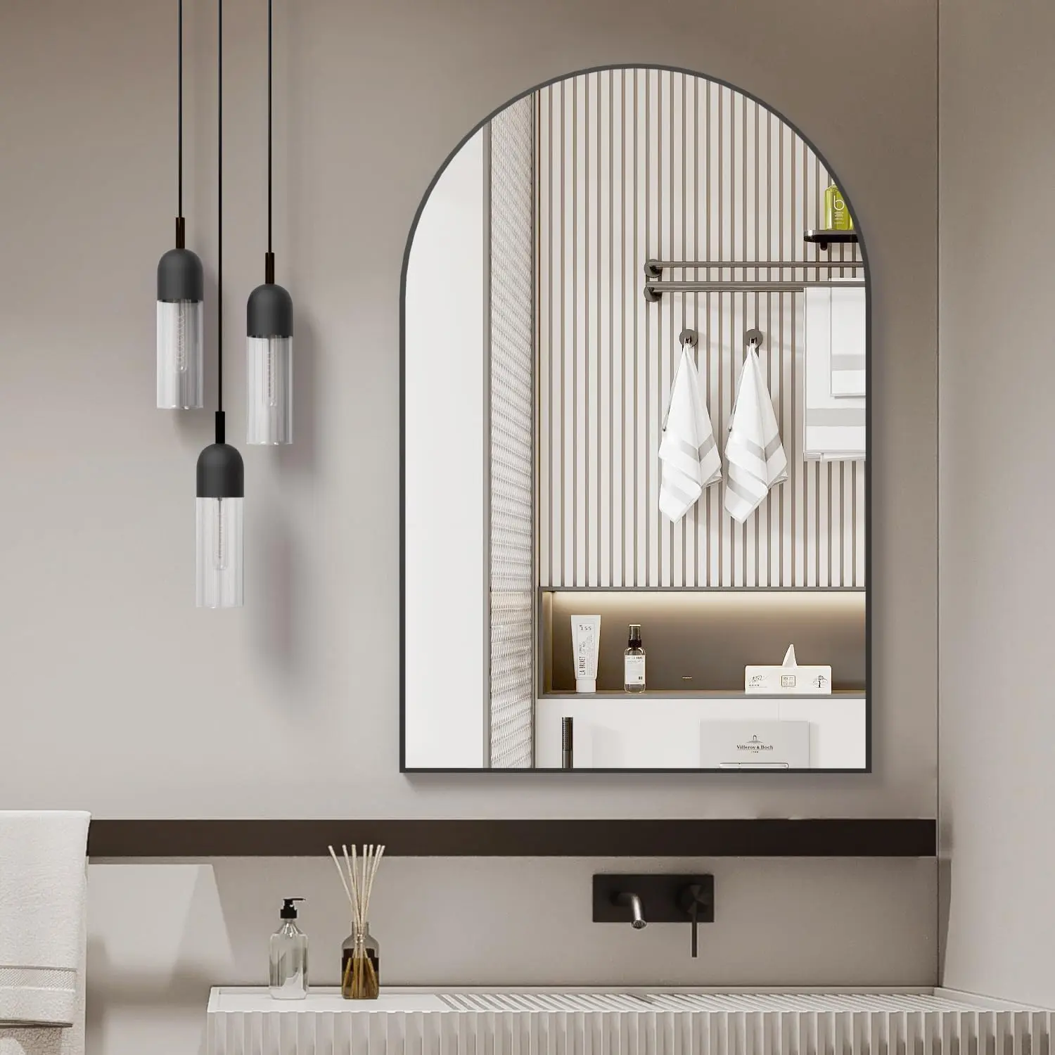 ARCH 24x32 Inch Black Metal Framed Arched Bathroom Wall Mirror, Modern Contemporary Vanity Mirror with Anti-Rust Aluminum Alloy Frame, 4mm HD Glass, Shatterproof Film, MDF Backing, Easy Install, for Bathroom, Living Room, Entryway