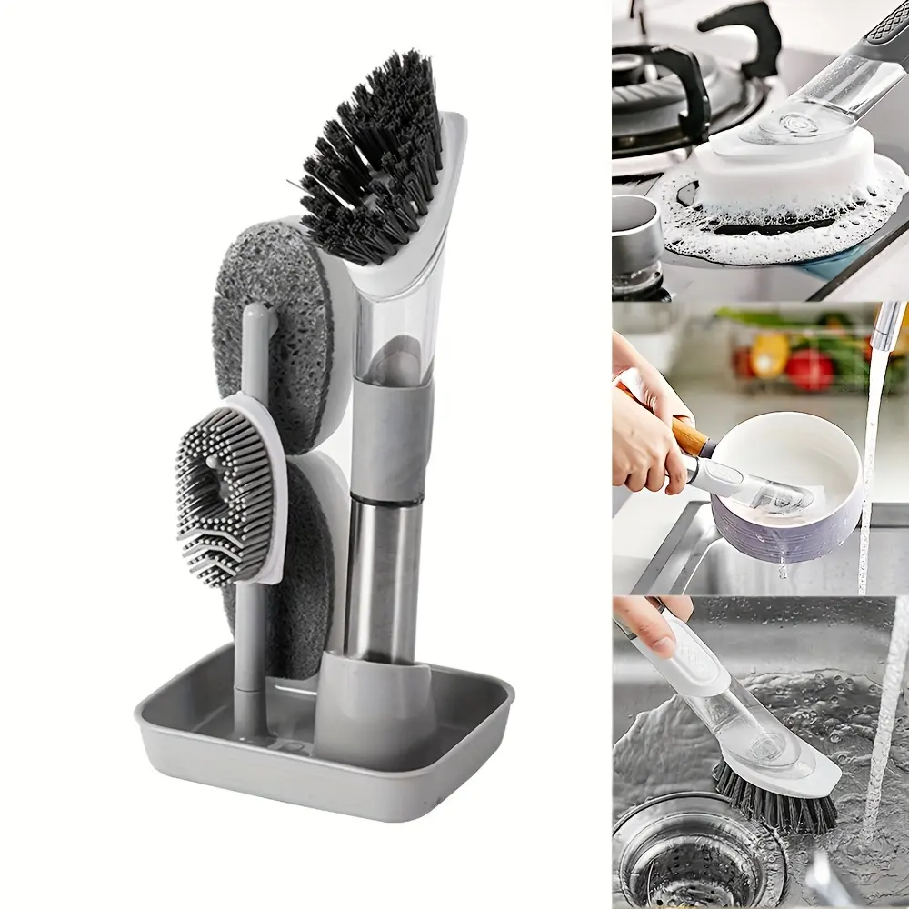 3-in-1 Kitchen Cleaning Brush Set with Soap Dispenser – Long Handle, Detachable Sponge, Ideal for Dishwashing, Durable Nylon Bristles, Space-Saving Design, Automatic Liquid Dispenser, Kitchen Gadget
