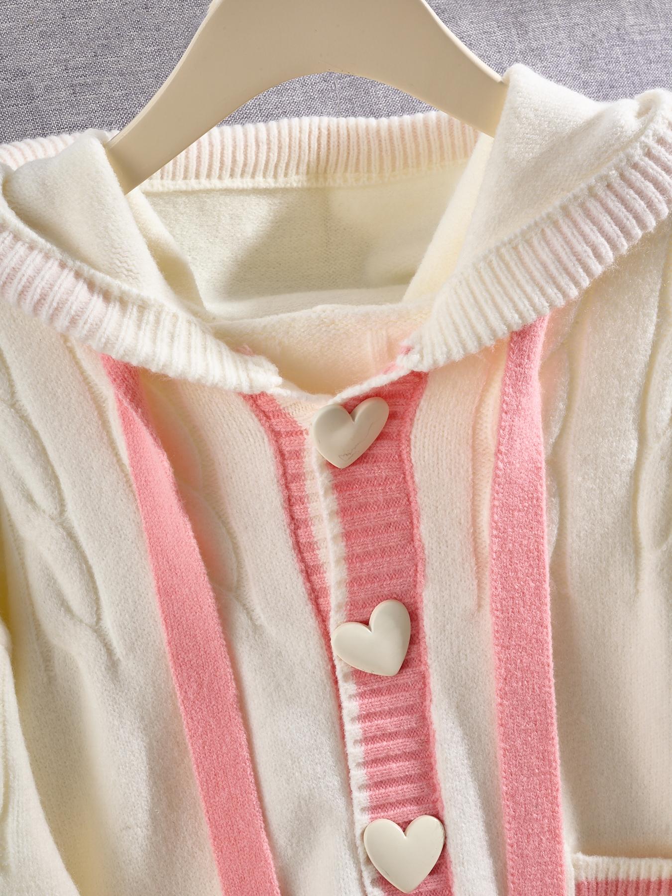 Women's Casual Knit Cardigan, Long Sleeve Hooded Sweater, Patchwork Heart Button Design, Fall Winter Fashion