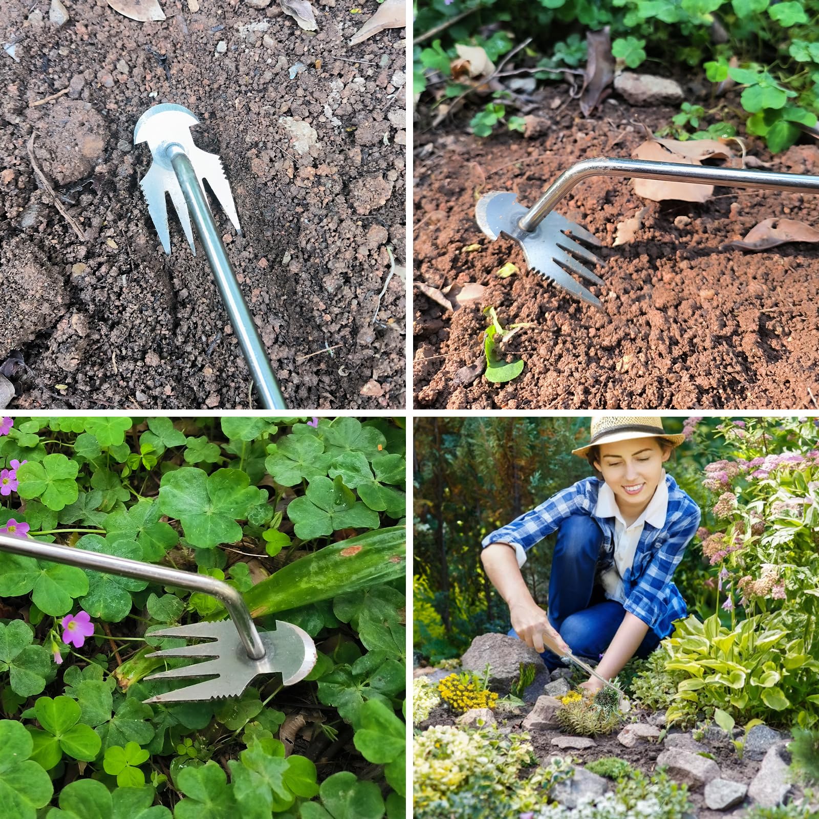 Weed Pulling Tool, Uprooting Weeding Tool, Gardening Tools, Hand Weeder Garden Weeding Puller with Handle Tools, 4 Teethes Dual Purpose Weeder for Garden Yard Farm Weed Removal