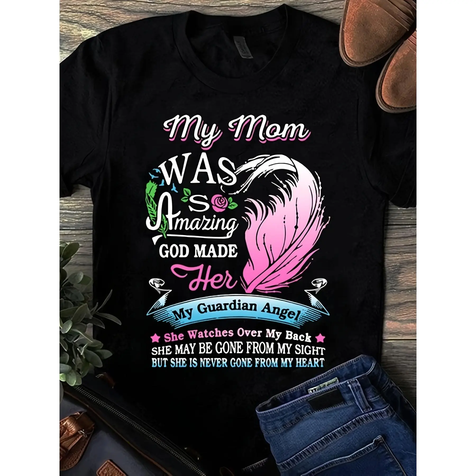 Women's "My Mom Was Amazing" Memorial T-Shirt with Angel Wings, Comfortable Lightweight Cotton Graphic Top, Sympathy Grief Gift for Day Wear, Shortsleeve, Fabric, Fit, Soft, Round Neck