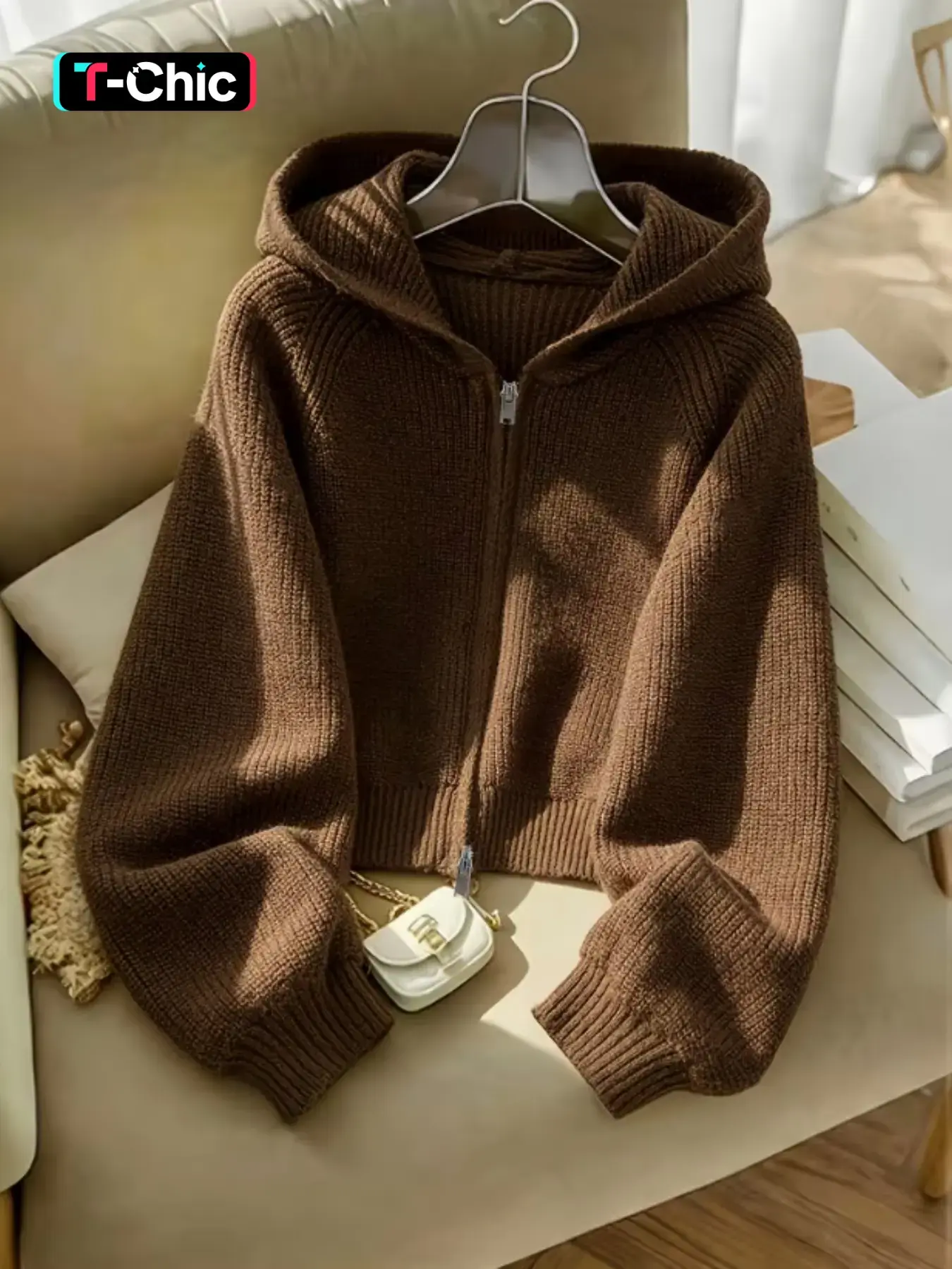 Women's Dual Zipper Hooded Knit Cardigan, Ribbed Lantern Long Sleeve, Casual Slim-Fitting Fall & Winter Sweater Coat, Perfect for Work, Travel, Vacation