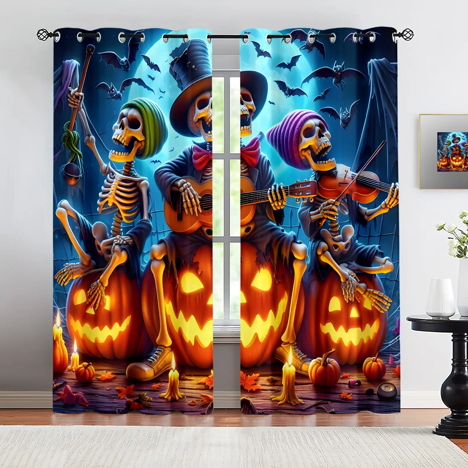 Halloween Skull Band Curtains (2-Pack), Gothic Style Blackout Curtains with Skull, Pumpkin, and Bat Motifs, Perfect for a Festive Halloween Look, Suitable for Bedrooms, Living Rooms, and Parties.