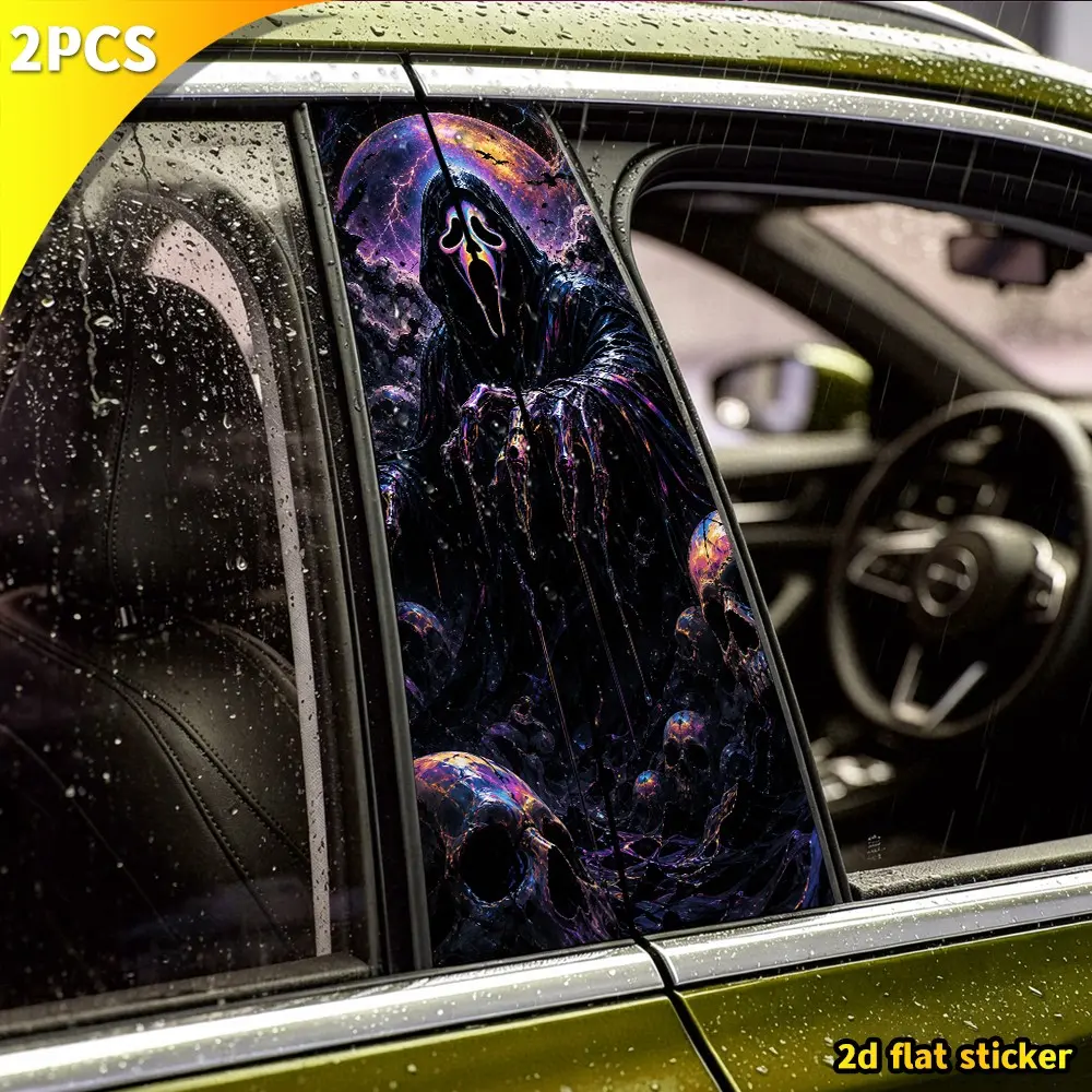 2pcs Ghost Face Skull Horror Car B Pillar Stickers, Graphic Decal, Car Decals, Waterproof Vinyl Door Post Decor, Vehicle Exterior Decoration, Halloween Vehicle Accessories, Durable & Easy to Apply