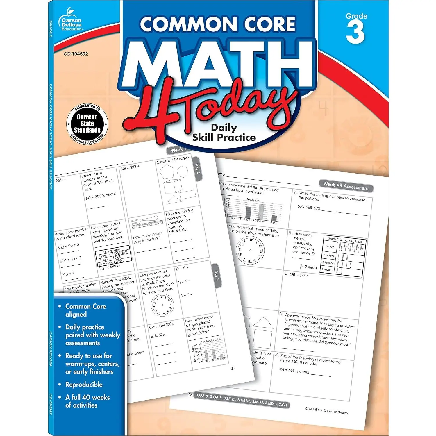 Carson Dellosa Common Core Math 4 Today 3rd Grade Workbooks, Telling Time, Fractions, Addition, Subtraction, Multiplication, Division, and  Mathematics Classroom or Homeschool Curriculum (Volume 6) - Paperback