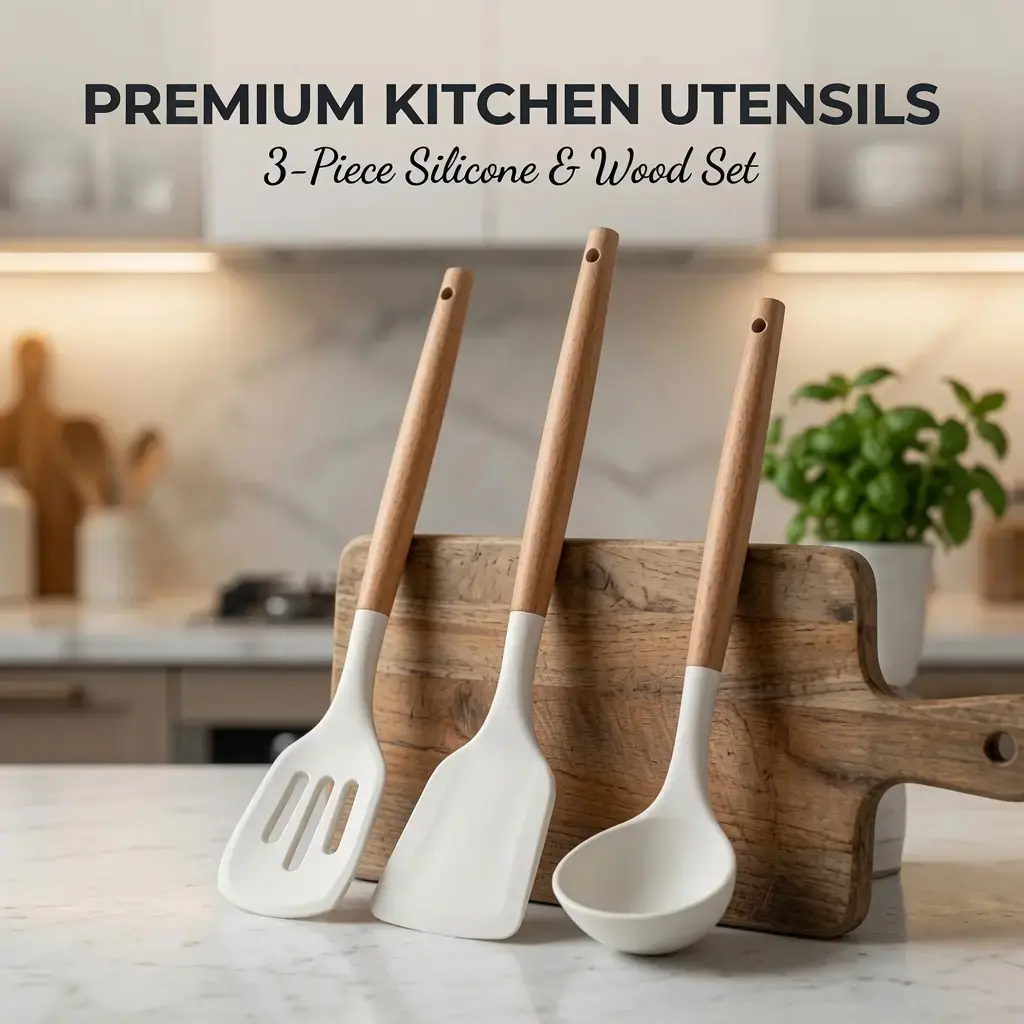 Silicone Cooking Utensil Set, Wooden Handle Silicone Spatula, Spoon, Strainer, 3-Piece, Heat Resistant, Food Grade Kitchen Tools