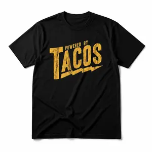 Men’s Powered by Tacos Graphic Tee, Vintage Wash Funny Food Lover T-Shirt, Short Sleeve Crew Neck Streetwear Top, Casual Summer Shirt for Taco Night Fiesta