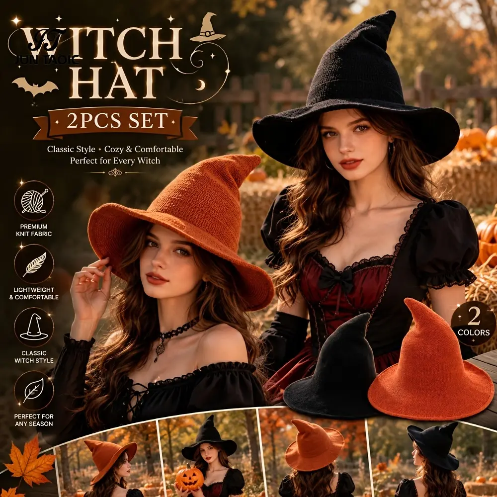 2-Piece Witch Hat Set, Halloween Witch Costume Accessories, Black and Orange Costume Hats for Women, Spooky Season Party, Cosplay and Dress-Up