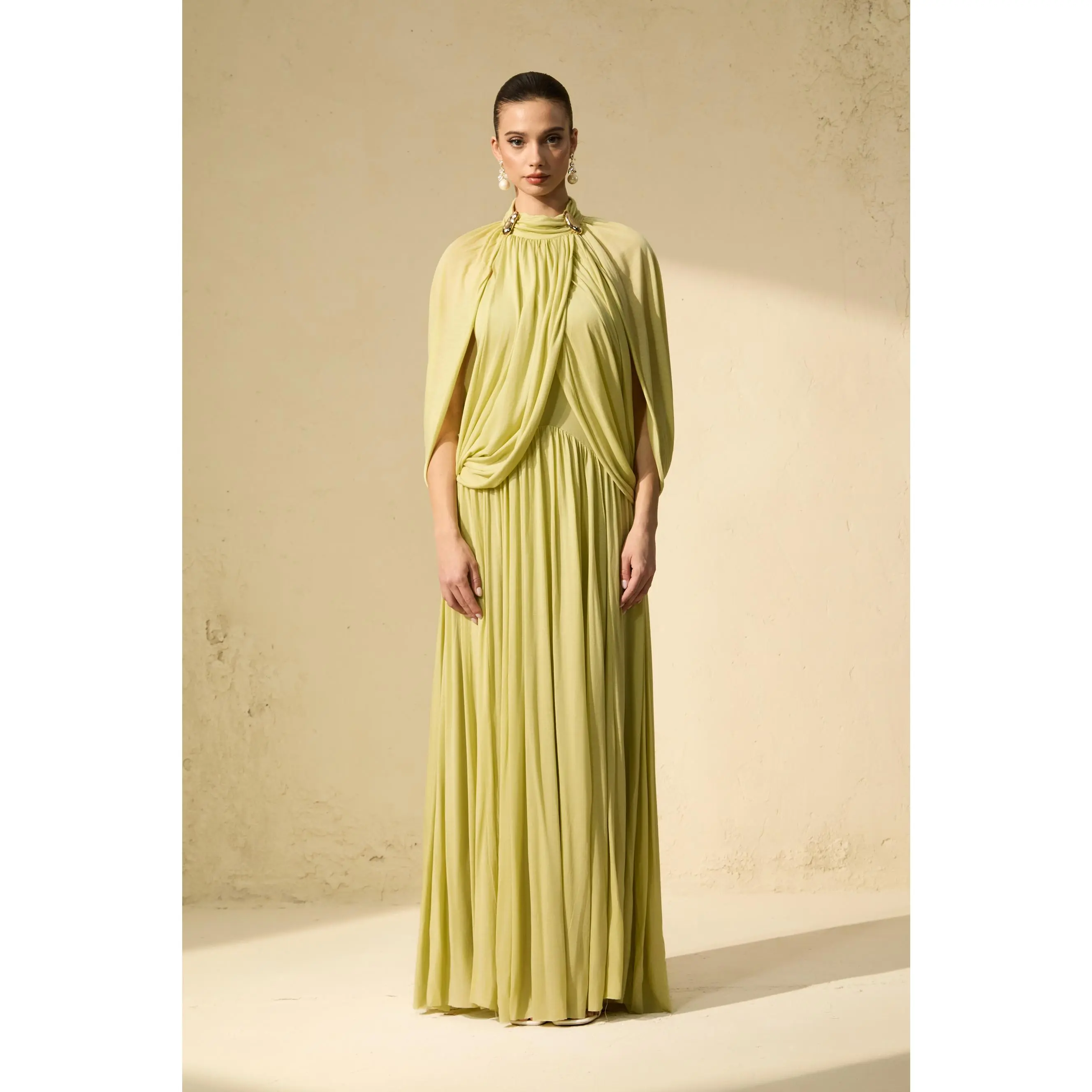 Sunfere Green Cape Sleeve Knit Maxi Dress - High Neck Hardware Detail Pleated Elegant Modest, Eid Dress Evening Dinner Family Gathering