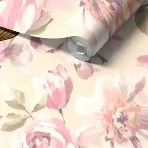 1pc Roll Light Floral Wallpaper, Peel and Stick, Vintage Watercolor Rose, Kitchen Bedroom Living Room Decor, Shabby Chic Aesthetic