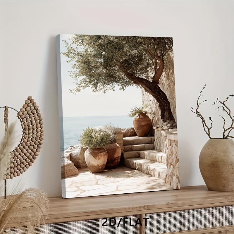 2D Flat Olive Tree Stone Steps Terracotta Pot Mediterranean Wall Art Print, Canvas Wrapped, Hook Type, Rustic Art Deco, Ideal for Living Room, Bedroom, Office, Dining Room, Coffee Shop, Holiday Gift, Outdoor Indoor, Modern Style, Solid Pattern