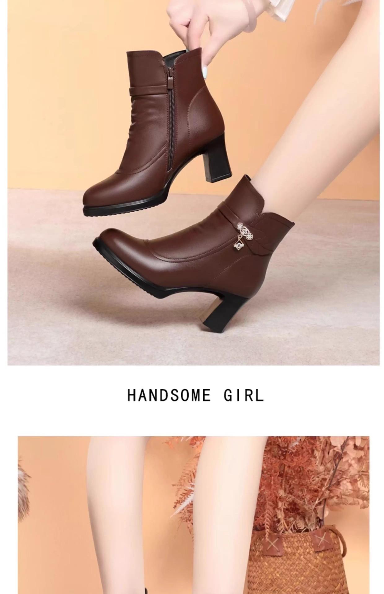 MOVRA1 Women'S -Encrusted Round-Toe Block Heel Ankle Boots with Zipper Closure & Plush Lining - Mid-Heel Winter Boots in Rich Brown, Faux Cover Upper & Rubber Sole, Elegant Casual to Semi-Formal Outfits Autumn/Winter, Comfortable & Durable Design