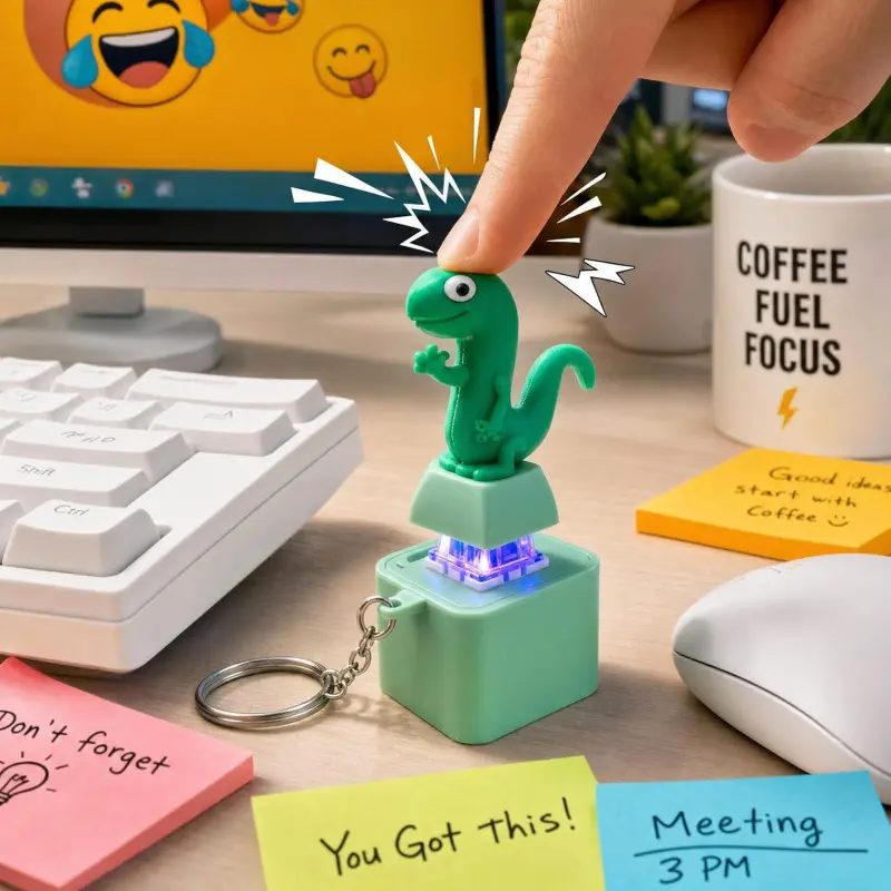 Lizard Button Keychain Cute Rechargeable Fidget Clicker Sound Toy with Colorful Light & Real Keyboard Click, Funny Interactive Desk Stress Relief Toy Gifts for Adults