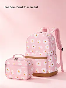 2pcs Oversized Sweet Daisy Floral Backpack Combo Set, Gentle Pink Tone White Flower Printed School Bag with Contrast Leather Bottom, Breathable Mesh Shoulder Straps Matching Lunch Tote for Daily School and Weekend Outings