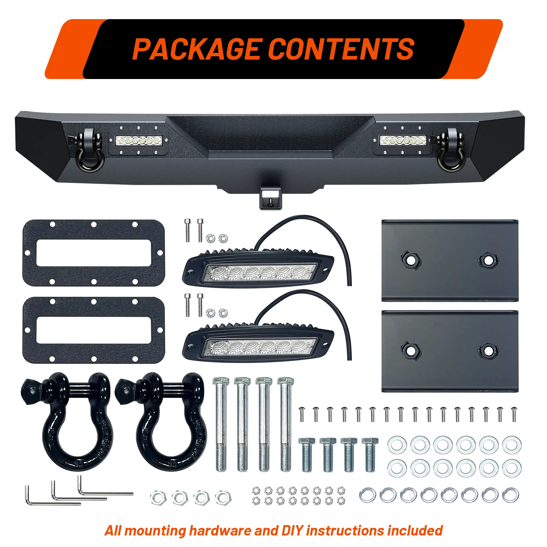 Heavy Duty Full Width Steel Rear Bumper Compatible with 2007-2018 Wrangler JK & JKU, Off-Road Rock Crawler Rear Bumper with 2 LED Lights & D-Ring Tow Points, Fits 2-Door & 4-Door Models
