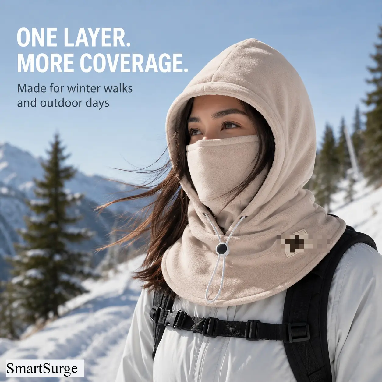 Unisex Fleece Hooded Balaclava Face Cover, 3-in-1 Gray Winter Hood with Adjustable Drawstring and Extended Neck Warmer for Skiing, Snowboarding, Hiking, Commuting and Cold Weather