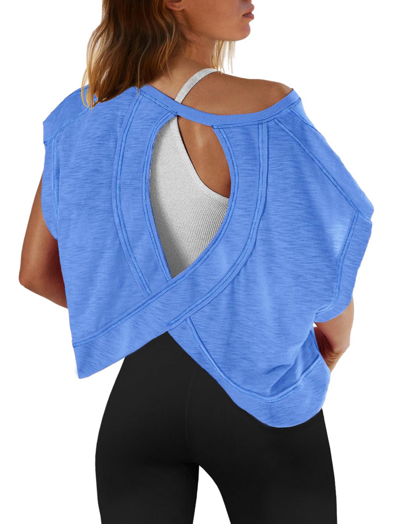 Renaishow Women's Open Back Workout Top Oversized Backless Athletic Short Sleeve T-Shirt for Gym & Casual Wear tiktokshopspringglowup