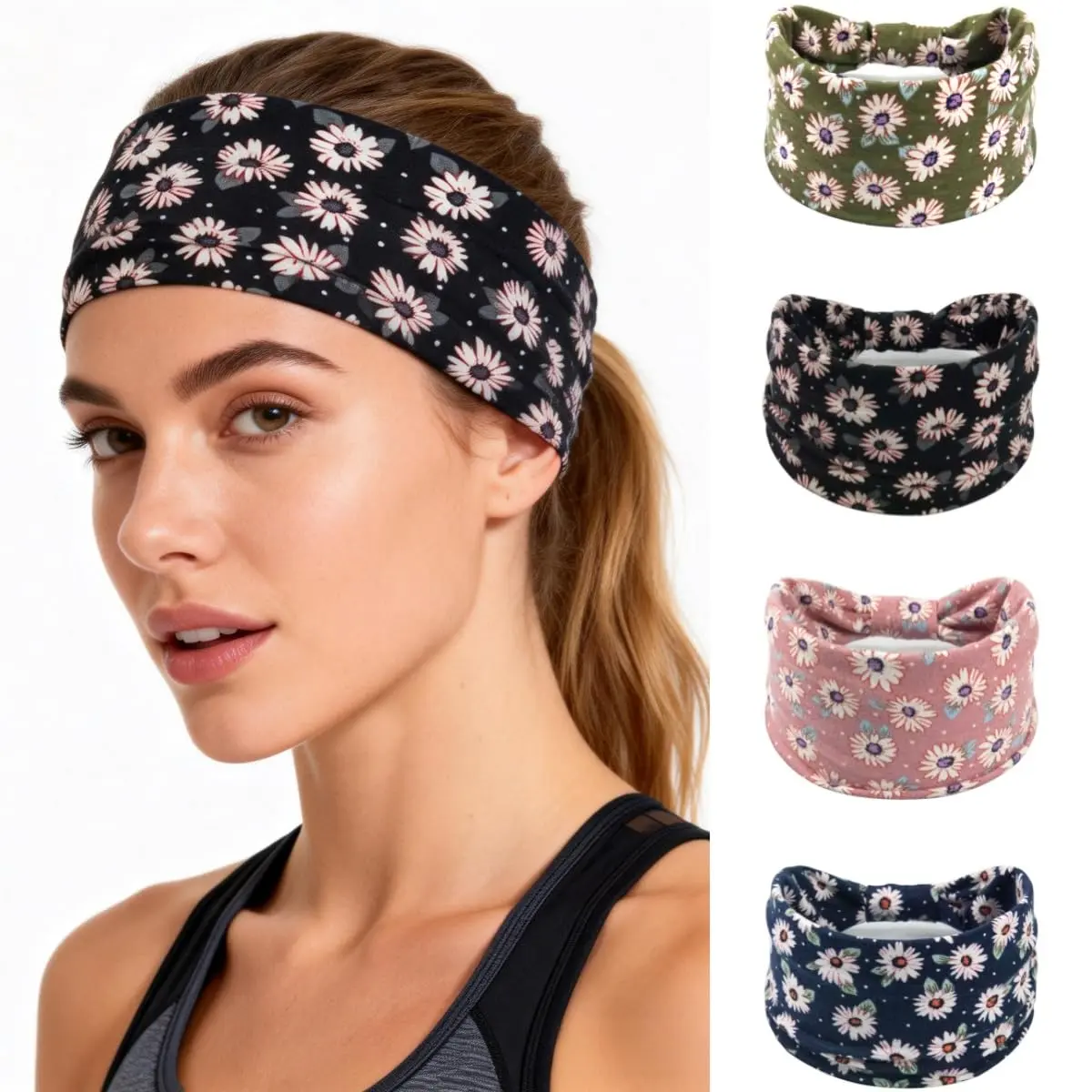 Wide BOHO Knotted Headbands Yoga Hair band  Bandeau Thick   Wraps Stretch Bands Hair Scarf Pack of 4 (Daisy,  Size)