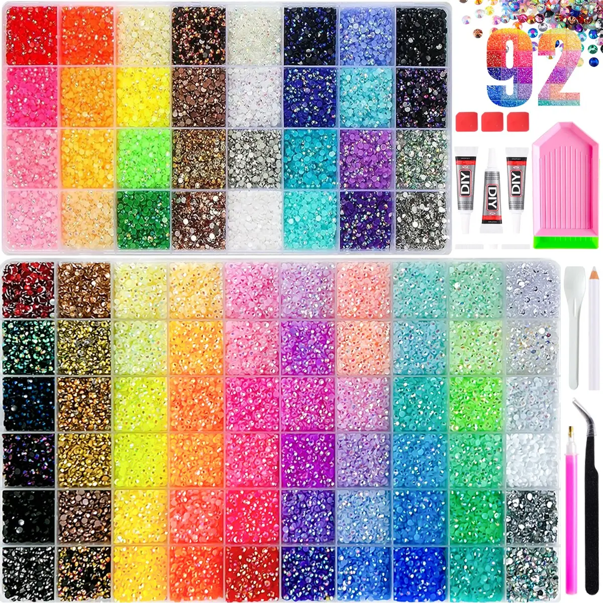 【Summervibes】DIY Diamond Bedazzling Kit Rainbow Resin Rhinestone Set, 92 Colors, Large Capacity, DIY Craft Kit, Includes Tools, Perfect for Clothing, Shoes, Fabric, Nail Art, Christmas Gift