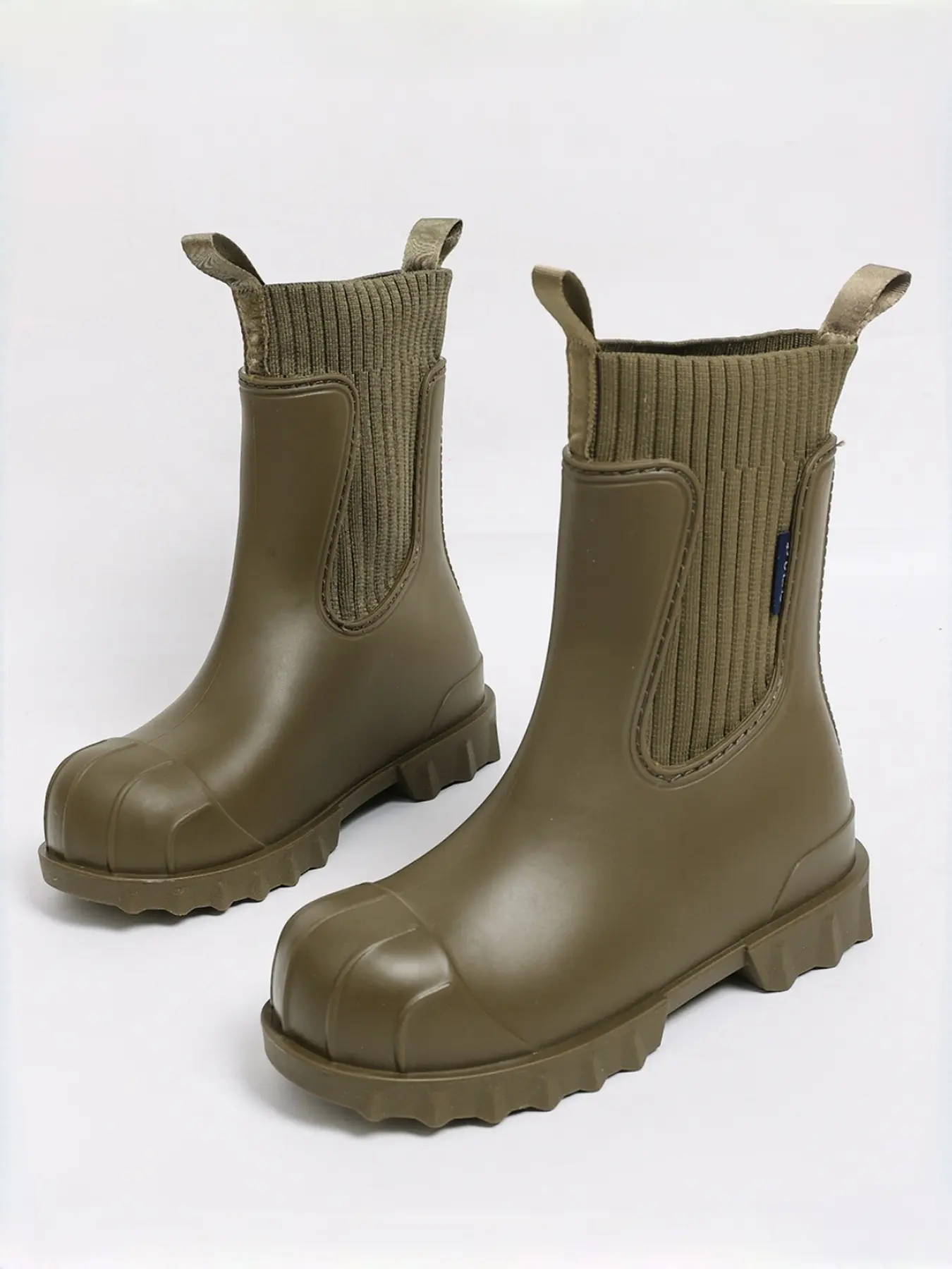 New Arrival Ladies Waterproof Ankle Rain Boots Elastic Knitted Splicing Design Pull On Tab Lug Non Slip Rubber Sole Four Colors Pink White Black Army Green For Outdoor Rainy Day Wear