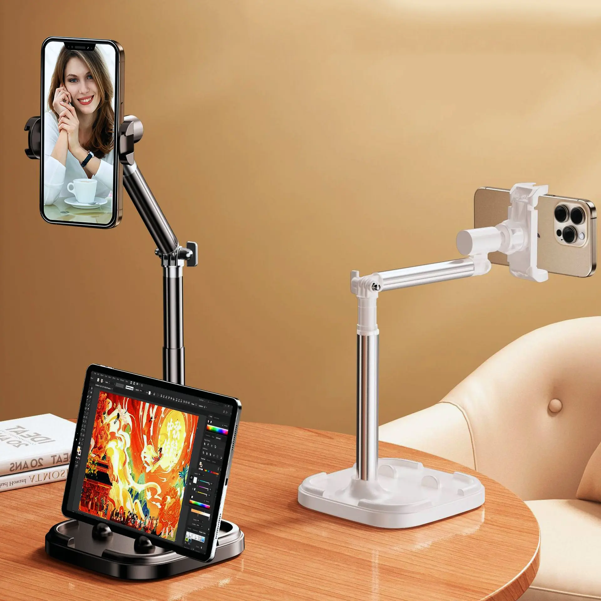 360 Rotating Desktop Phone Holder, Adjustable Live Streaming Stand, Aluminum Alloy Material, Selfie Accessories, Lazy Bracket, Tablet Stand, Smartphone Stand