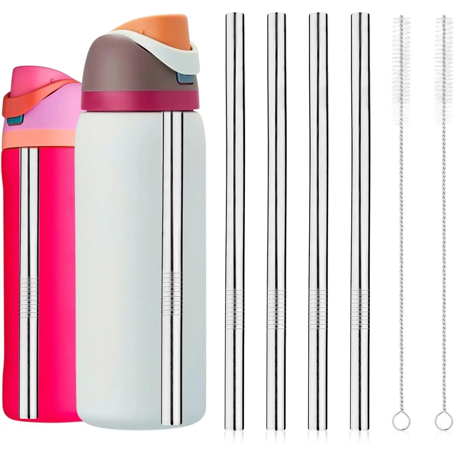 4 count Water Bottle Straws for  24oz 32oz, Stainless Steel Metal Straws  with 2 Straw Cleaners  Tumbler Bottle Accessories  for Indoor Outdoor  Trips