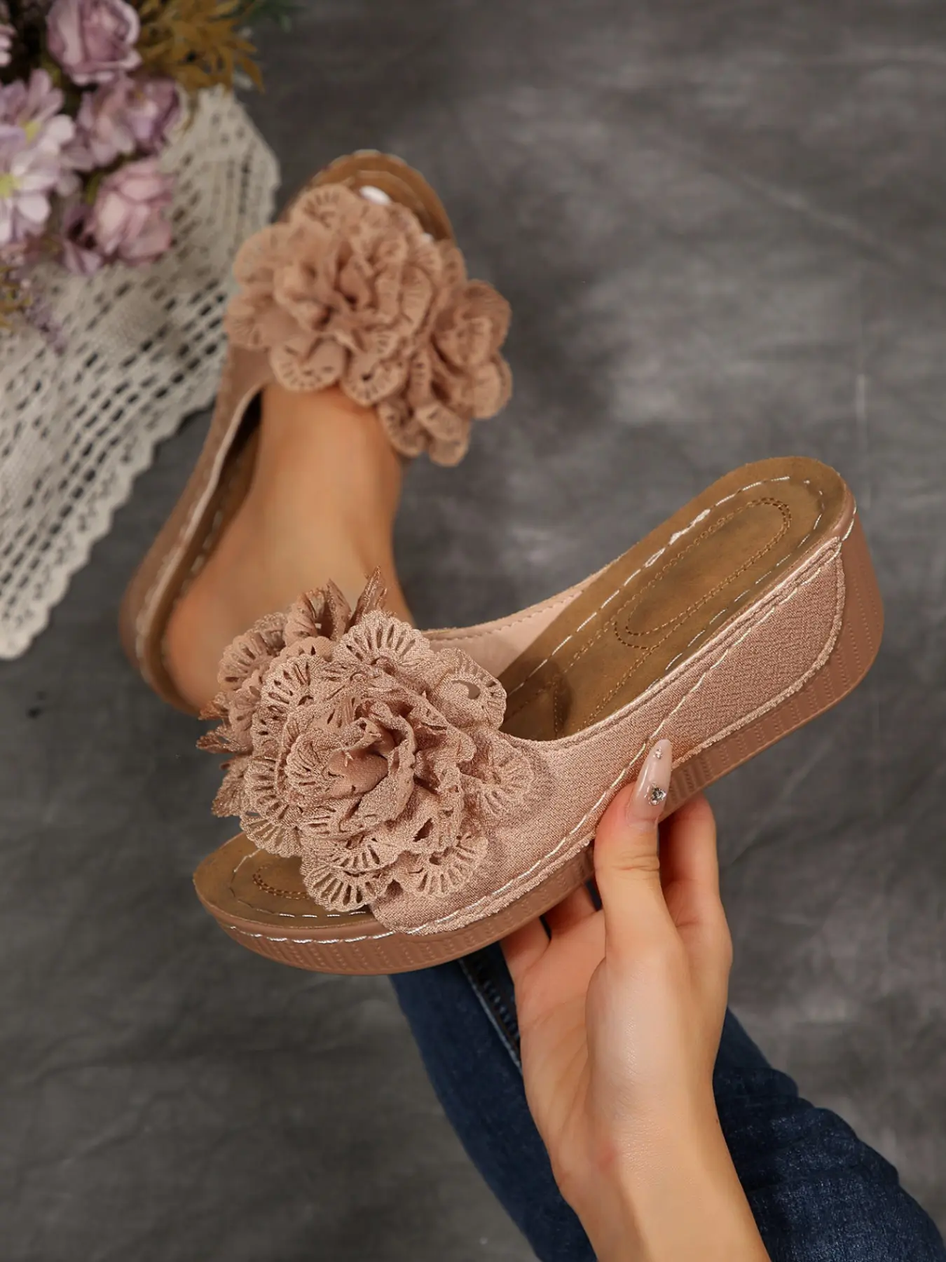 Breathable Fabric Lace Flower Wedge Heel Sandals, Women's Height-Boosting Thick Sole Slippers, Durable Anti-Slip Home & Outdoors Shoes