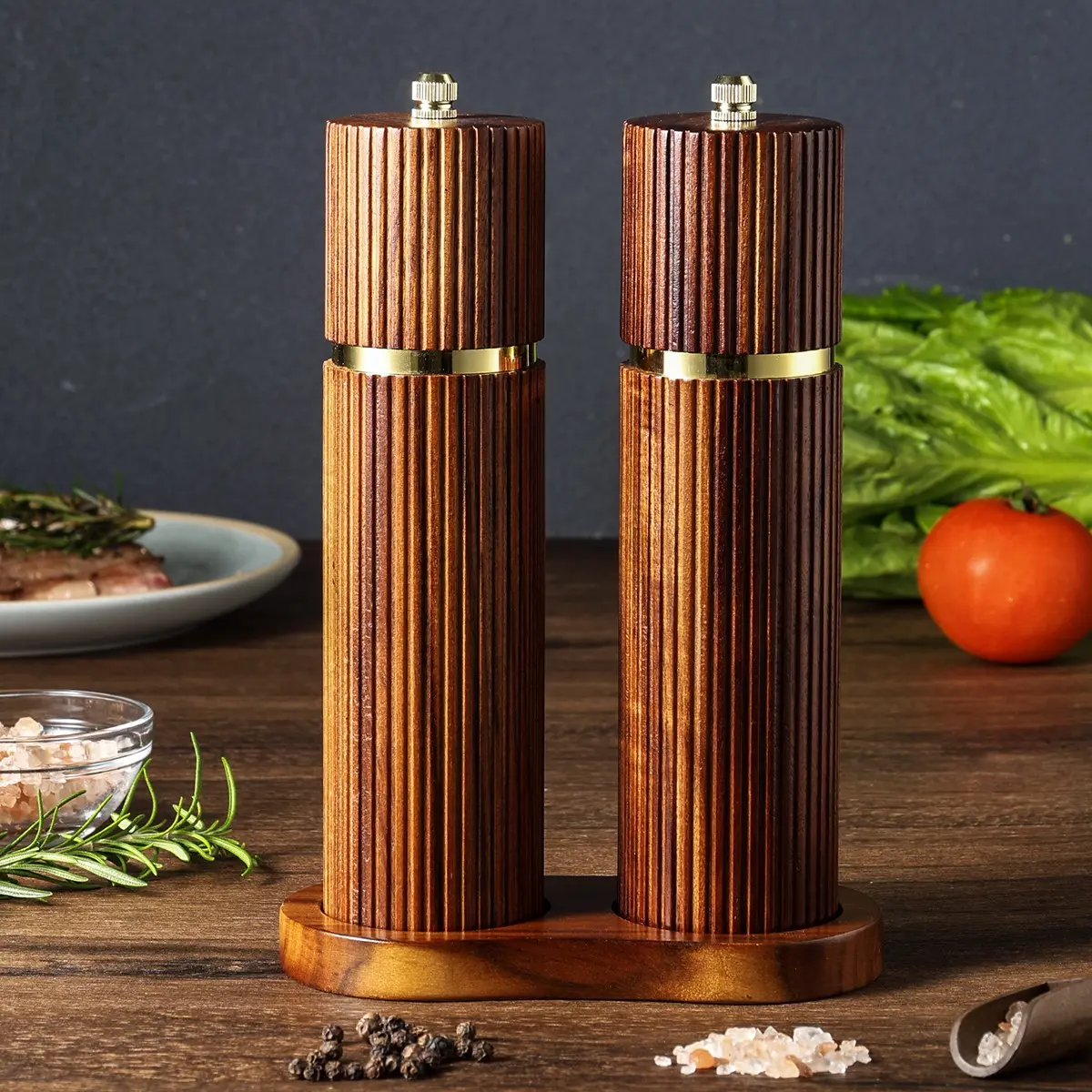 Aesthetic Cylindrical Wooden Kitchen Utensils Salt and Pepper Grinder Set - Adjustable Coarseness, Rust-Resistant Spice Bottles, Wooden Base, Perfect Gift, Multiple Options (1pc/2pc/3pc), Coarse Control, Gift-Ready
