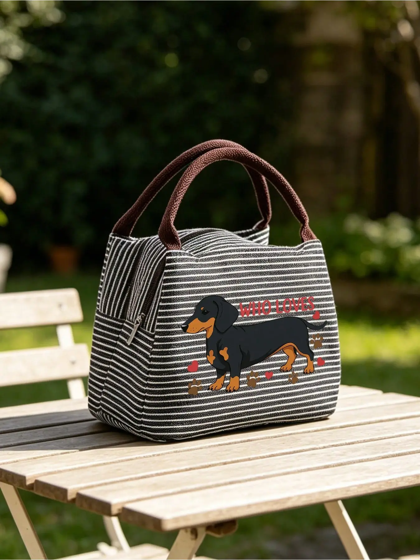 Poodle Lover Exclusive Striped Handbag, Lunch Bag, Pet Snack Bag, Insulated Daily Carry Bag, Travel Bag, Perfect Gift for Students