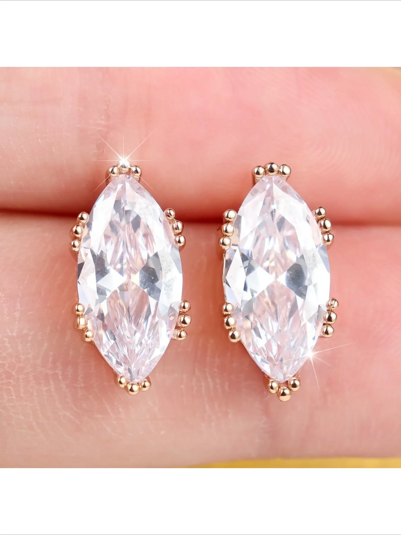 Trending Heavy Craft Four Claw Marquise Cut White Diamond Stud Earrings 3D Trapezoidal Openwork Base Fashion Versatile Luxury Statement Earrings For Women Daily Wear Party Prom Dating