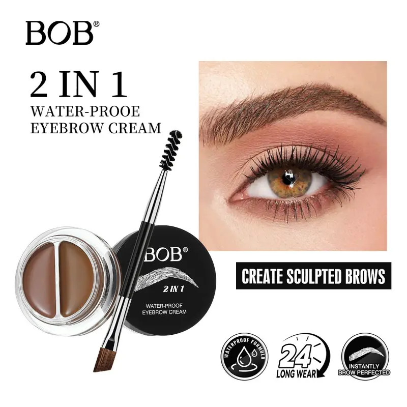 Two-Tone Velvet Finish Eyebrow Pomade, Sweat & Water Resistant Brow Cream with Applicator Brush for Natural 3D Wild Eyebrow Look