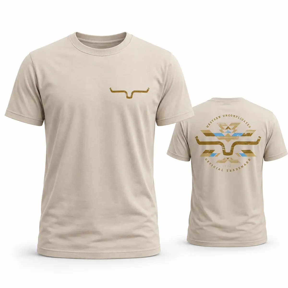 Kimes Ranch Horn Logo Aztec T-Shirt, Western Ranch Graphic ,  Tribal Back Print With Front Chest Horn Emblem, Cowboy Casual Outfit,   Gift For Men and Women all-season oversized  tee