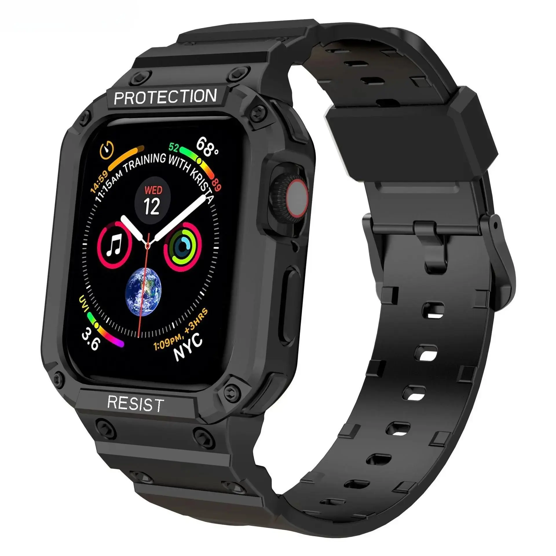 Rugged 2-in-1 Integrated TPU Protective Case + Watch Band Compatible with Apple Watch Series 1–11 Ultra SE 38–49mm, Shockproof Sport Replacement Wrist Strap Disclaimer: Only case and watch band included, Apple Watch device is not contained.