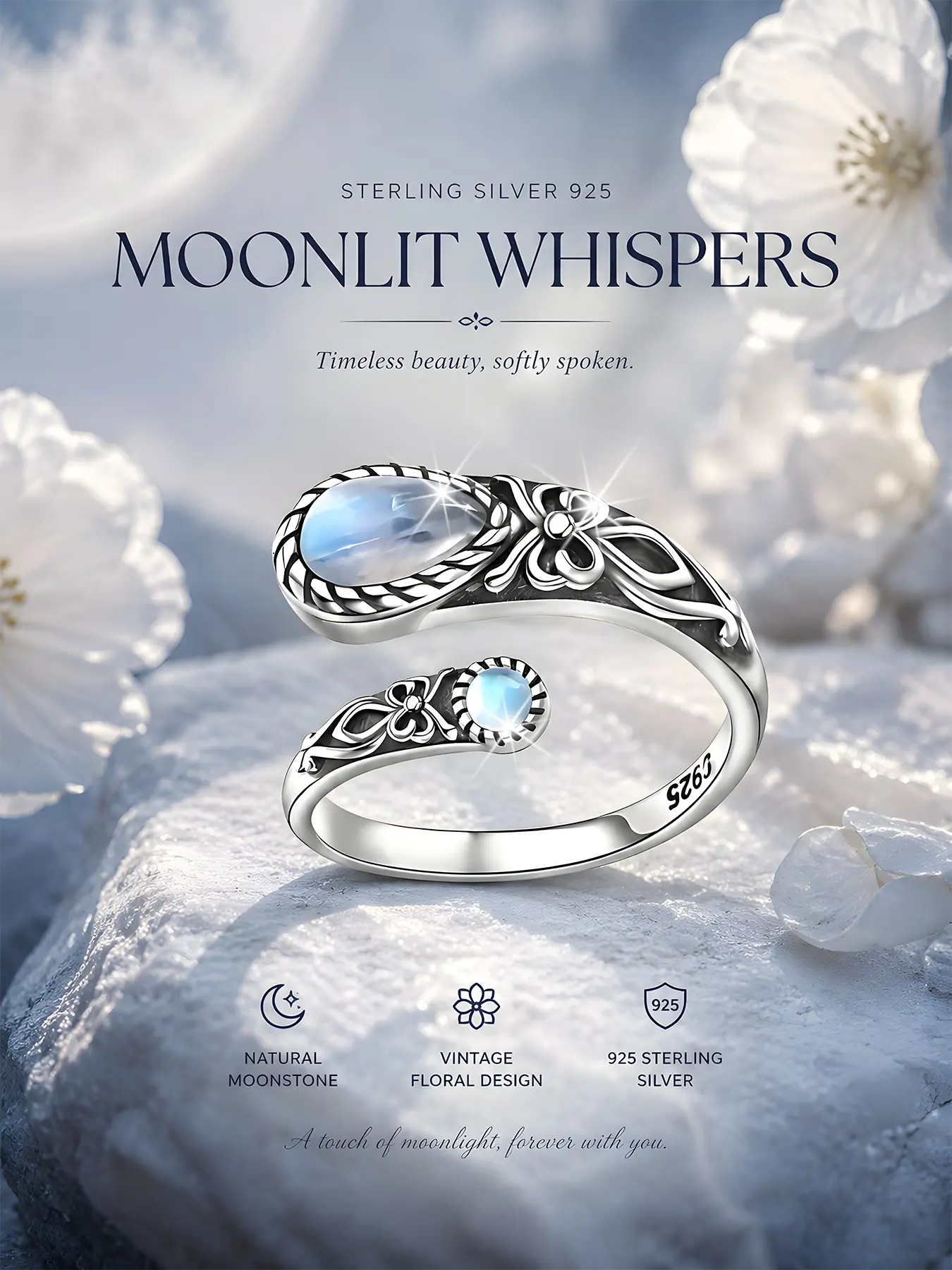 Vintage Bohemian Women's S925 Silver Moonstone Fashion Ring, Vintage Inspired Ring, Adjustable Open Spoon Shape, Anti-Allergy, Daily Wear Jewelry Gift, Unique Rings, Elegant Everyday Ring, Boho Style Rings