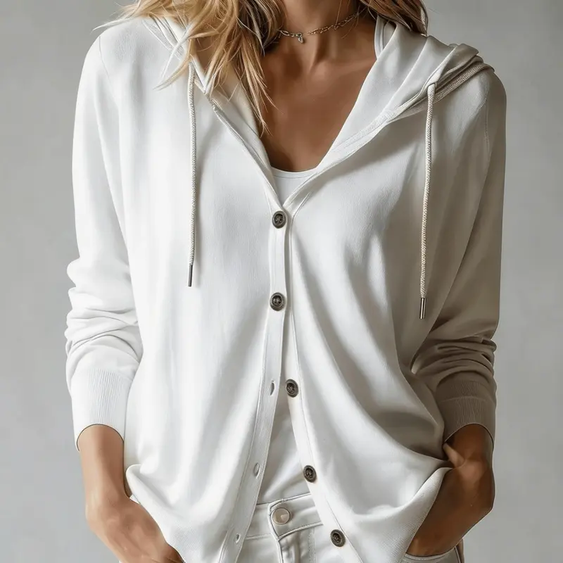 New Women's Loose Fit Long Sleeves Button White Knitted Hooded Cardigan, Casual Commuter Soft Breathable Fabric Sun Protection Top, Casual Loose Outerwear
