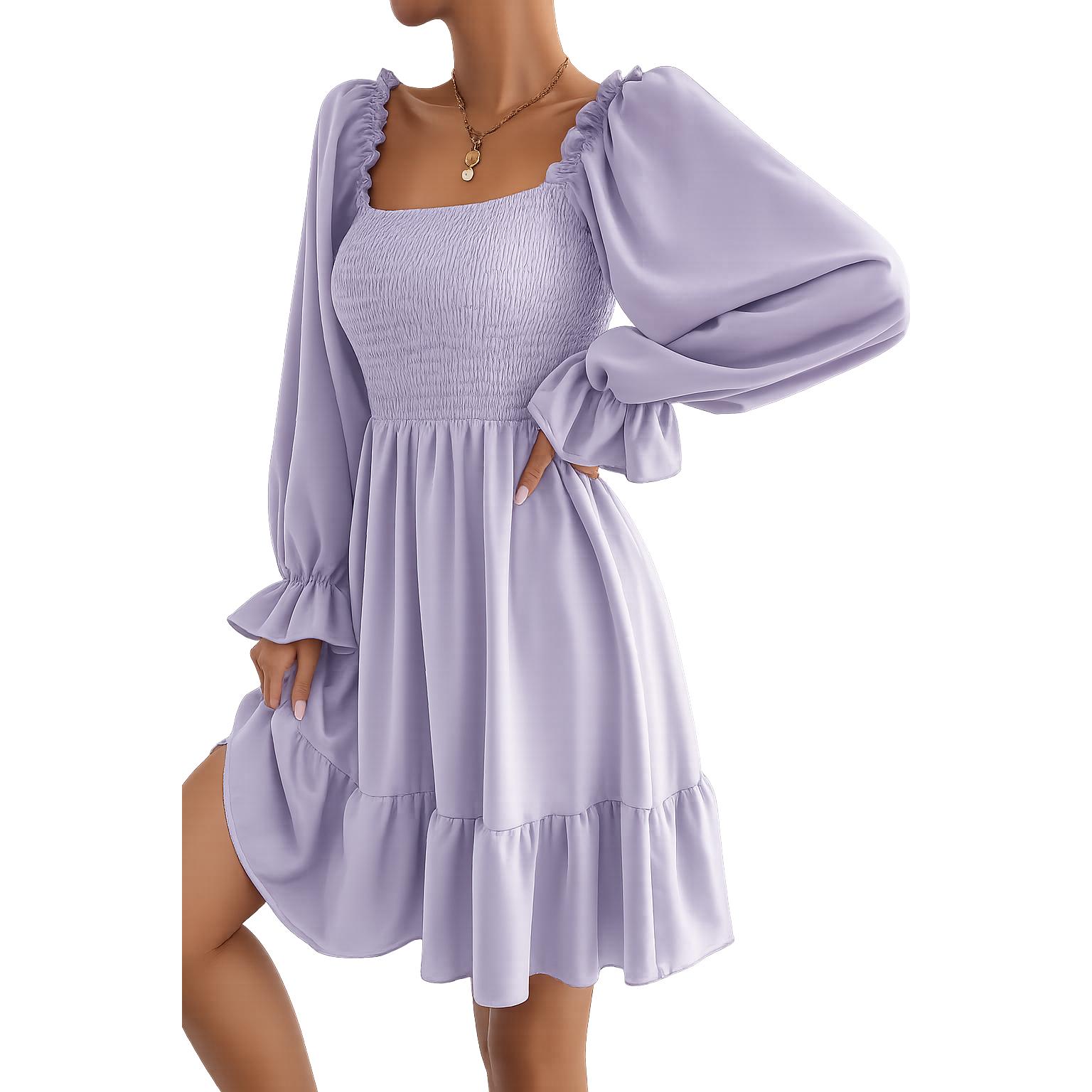 2026 Simple Square Collar Parallel Crepe Dress Body Frill Hem Skirt Dress