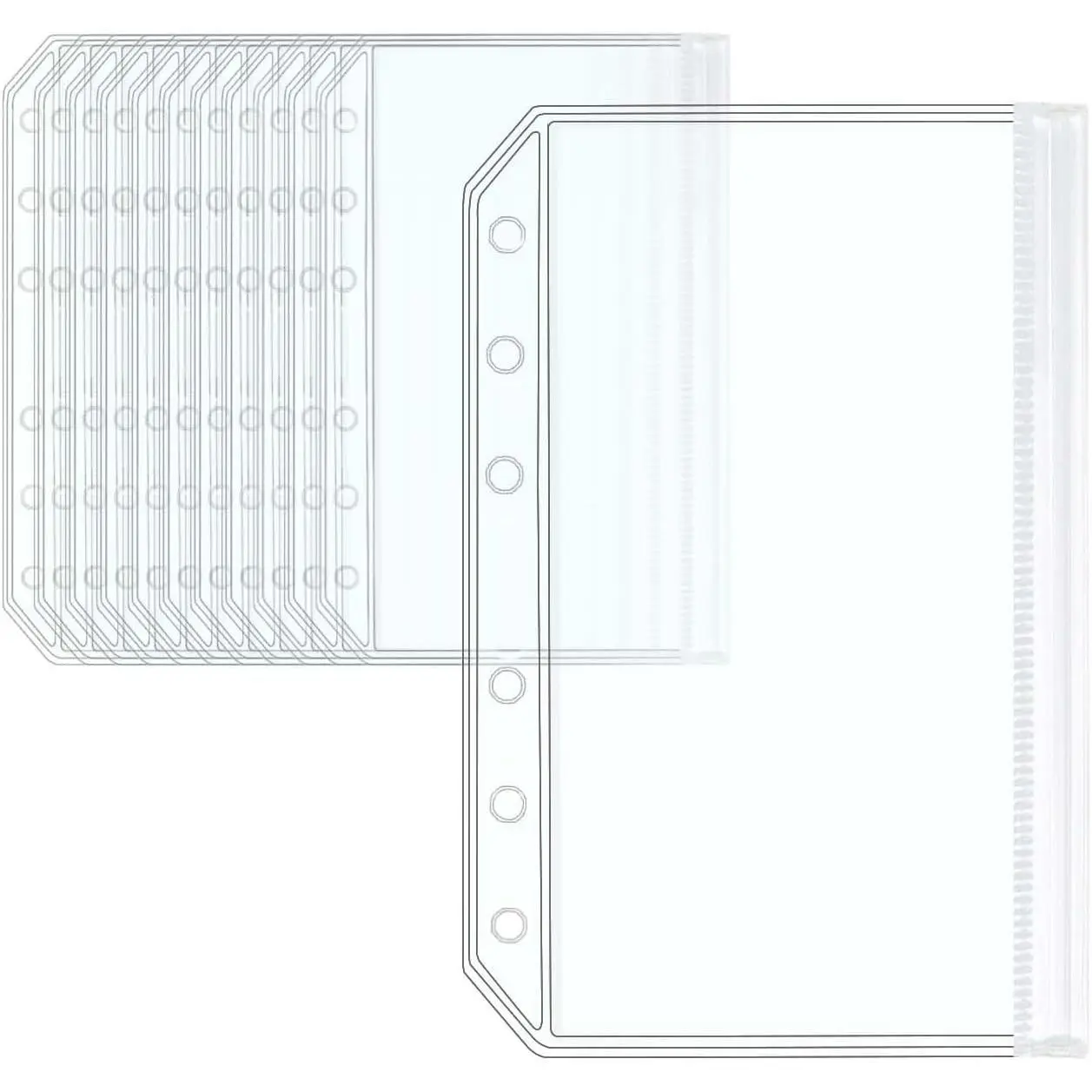 12pcs A6 Binder Pockets Clear PVC Cash Envelopes 6 Holes Binder Zipper Pouch Loose Leaf Folders Binder Inserts for Budgeting