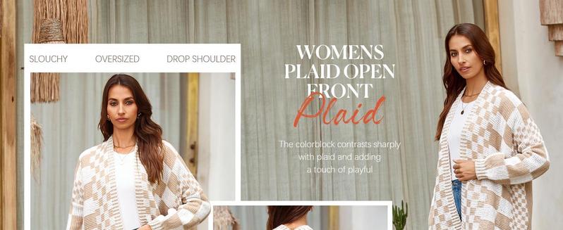 Imily Bela Womens Checkered Sweater Color Block Plaid Cardigans Oversized Long Sleeve Knit Open Front Coat