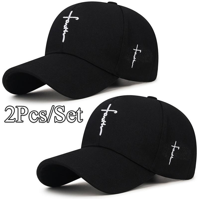 [2pcs/Set] Unisex Black & White Baseball Caps – Exquisite Cross Embroidery, Breathable Acrylic Duckbill Design, Durable Sports Headwear for Outdoor Activities